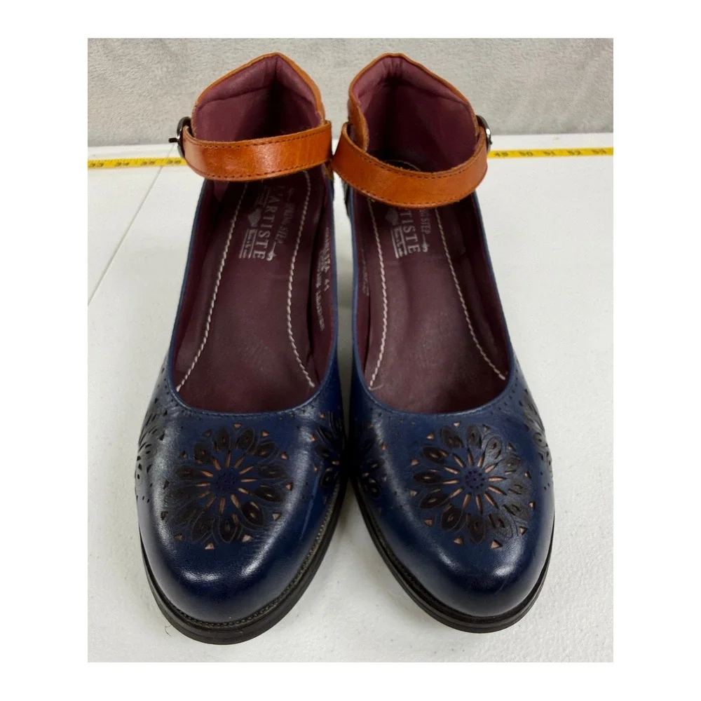 L Artiste Charliza Pumps Womens 41 Blue Leather Floral Whimsygoth Mary Jane Boho